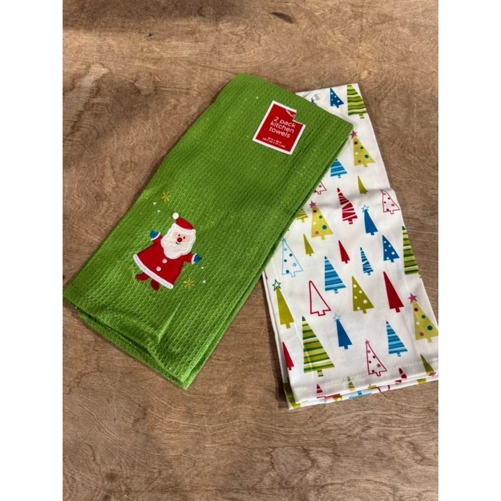 Santa Christmas Tree Kitchen Towels 2 Pack Green Waffle
